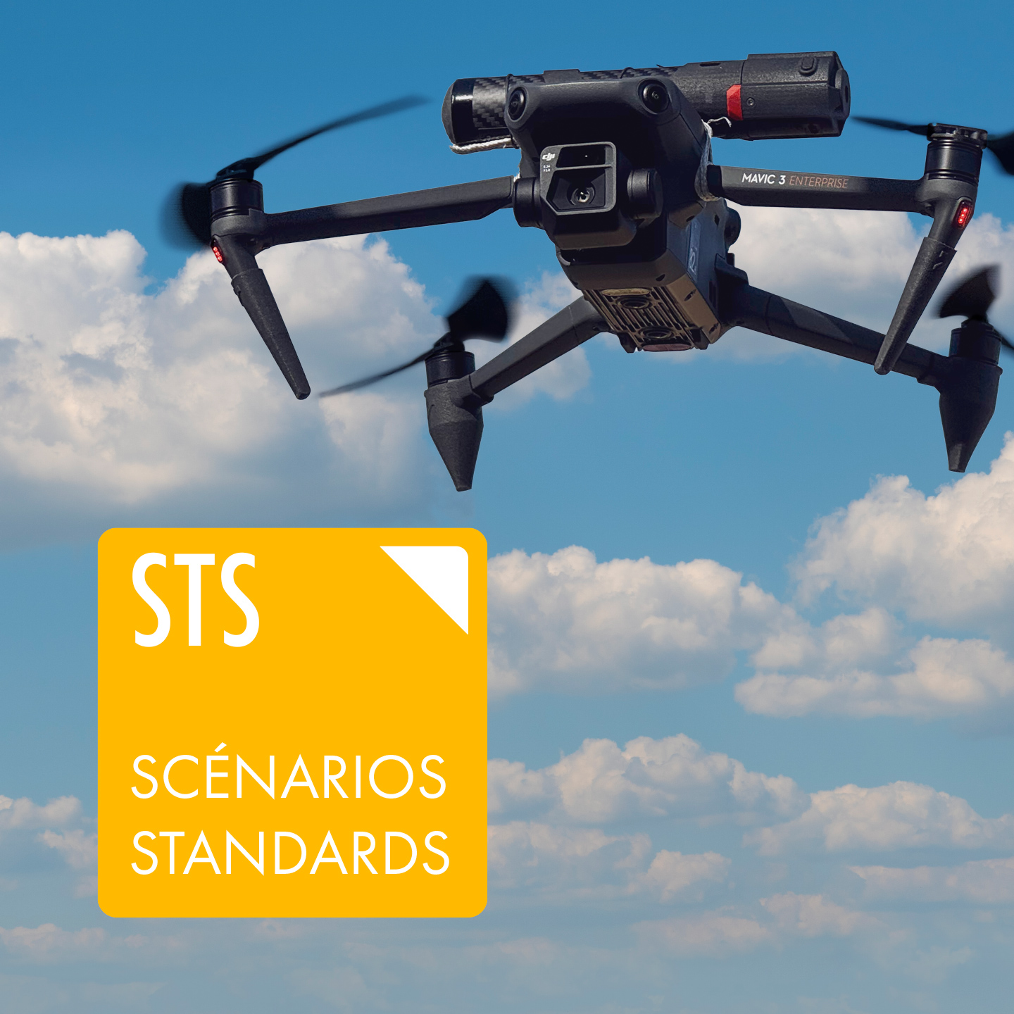 Illustration d'un drone DJI Mavic 3 Entreprise avec les icônes des cartificats théoriques drone Européens
