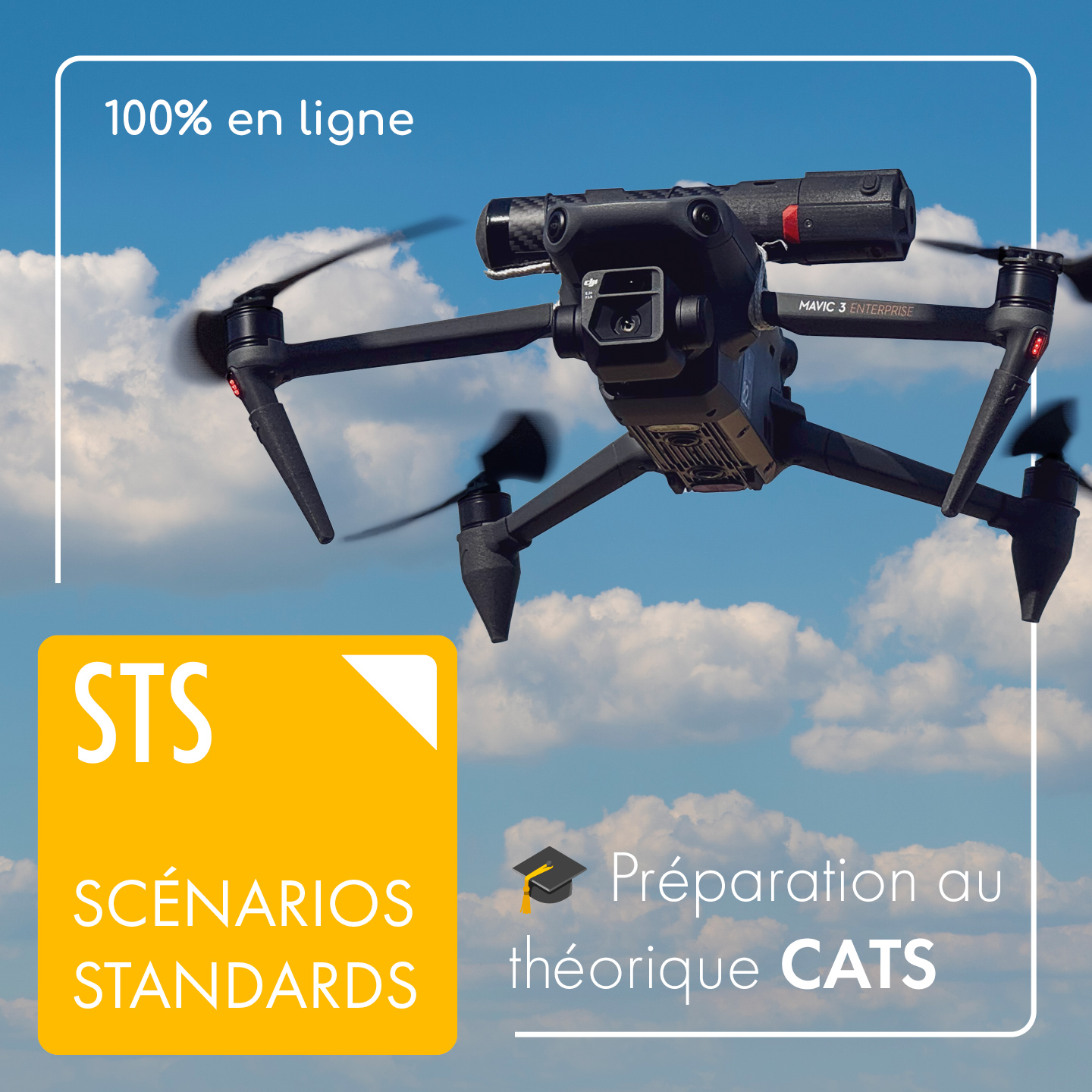 Illustration d'un drone DJI Mavic 3 Entreprise avec les icônes des cartificats théoriques drone Européens